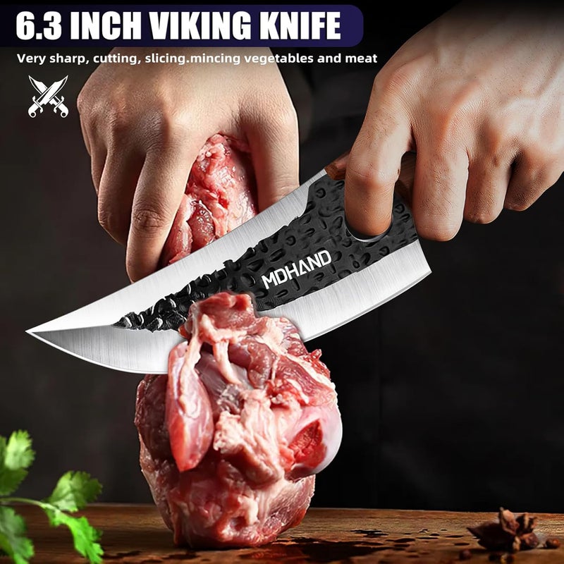 MDHAND Butcher Knife Set, 8PCS Butcher Cleaver Knife Set for Meat Cutting, Hand Forged Viking Knives Sets with Meat Cleaver, Heavy-Duty Kitchen Knives Sets for Bone BBQ Vegetable, Knives Gift for Men - Image 5